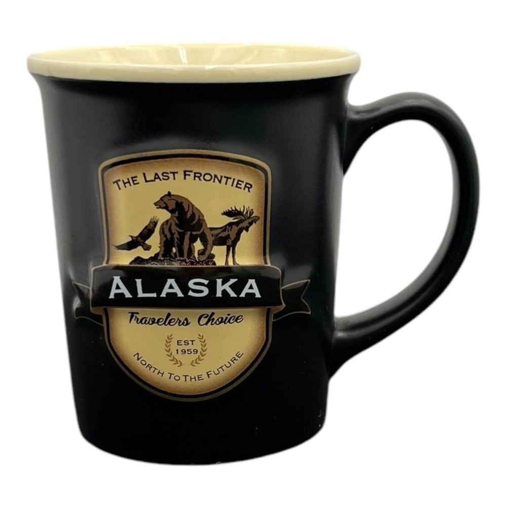 Alaska The Last Frontier Travelers Choice Moose Bear‎ Coffee Mug/Cup Black New